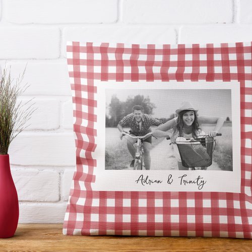 Red and White Gingham Plaid Custom Photo Throw Pillow