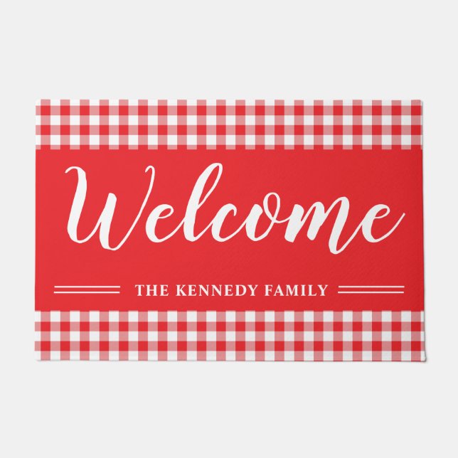 Red And White Gingham Plaid Farmhouse Welcome Doormat (Front)