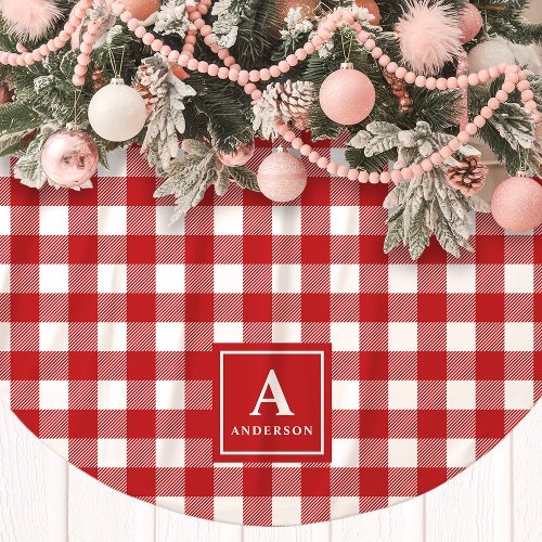 Red And White Gingham Plaid Monogram Brushed Polyester Tree Skirt