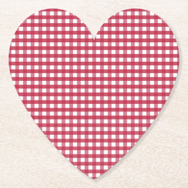 Red and White Gingham Plaid Paper Coaster (Front)