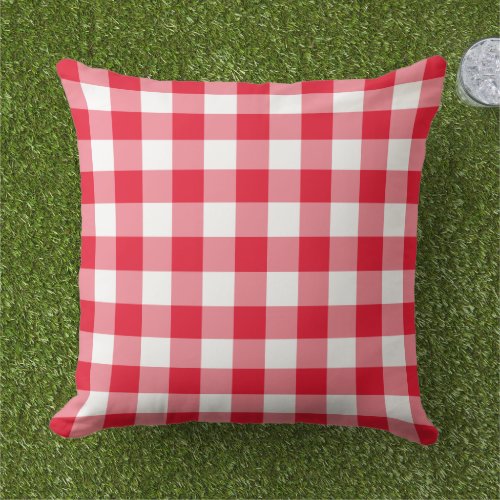 Red and White Gingham Plaid Pattern Outdoor Pillow