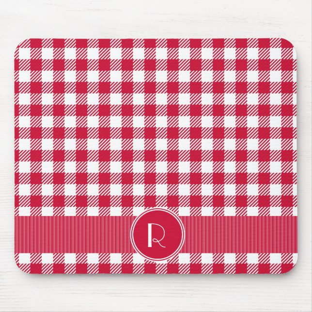 Red And White Gingham Plaid Pattern Personalized Mouse Pad (Front)