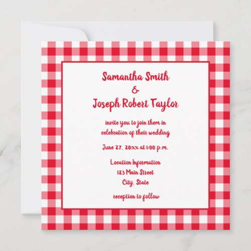 Red and White Gingham Plaid Wedding Invitation
