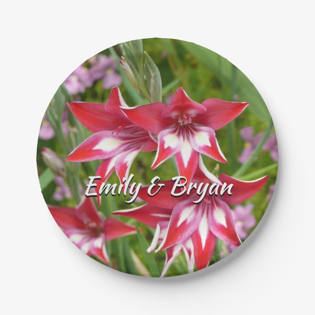 Red and White Gladiolas Summer Botanical Paper Plates (Front)
