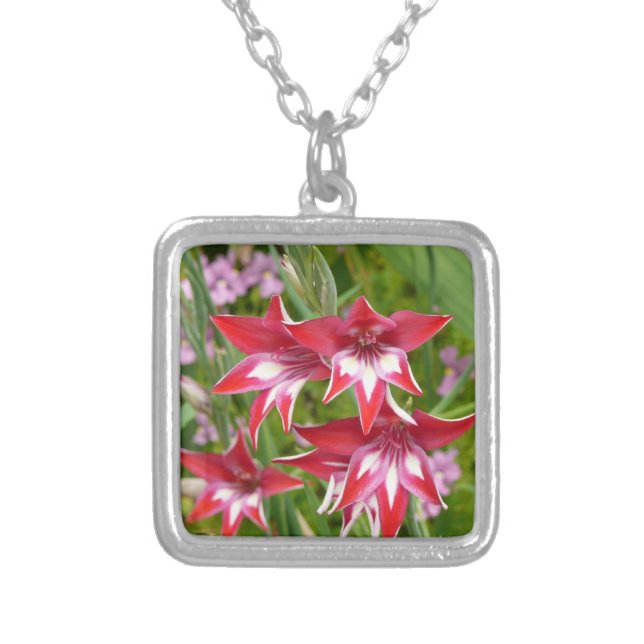 Red and White Gladiolas Summer Botanical Silver Plated Necklace (Front)