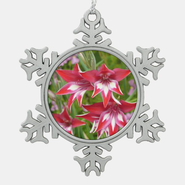 Red and White Gladiolas Summer Botanical Snowflake Pewter Christmas Ornament (Front)
