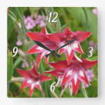 Red and White Gladiolas Summer Botanical Square Wall Clock