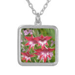 Red and White Gladiolas Summer Garden Silver Plated Necklace