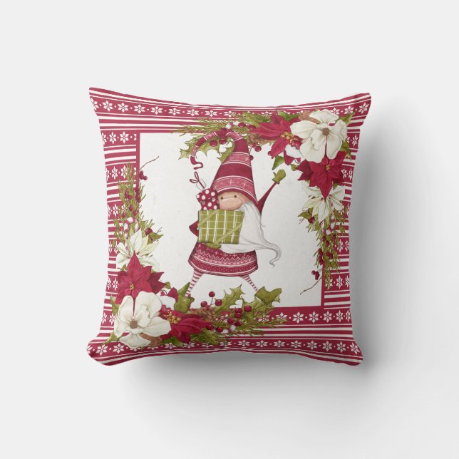 Red and White Gnome for the Holidays Christmas Throw Pillow (Front)