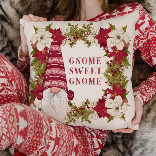 Red and White Gnome for the Holidays Christmas Throw Pillow (Creator Uploaded)