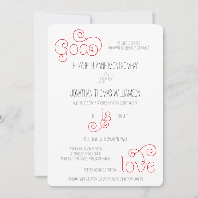 Red and White God is Love Christian Wedding Invitation (Front)