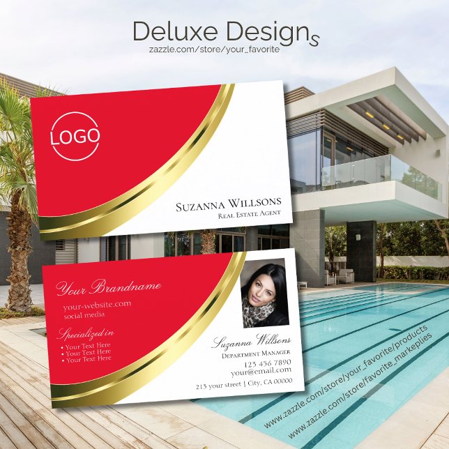 Red and White Gold Decor with Logo and Photo Business Card (Creator Uploaded)