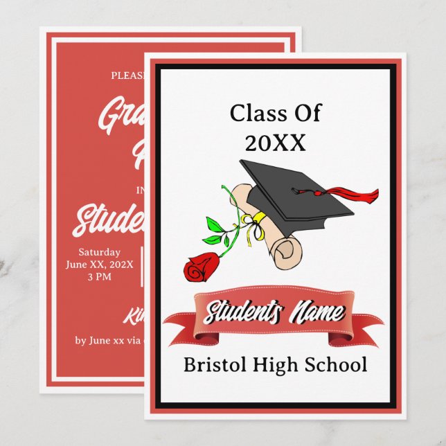 Red and White Graduation Diploma Cap School Name Invitation (Front/Back)