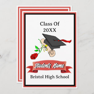 Red and White Graduation Diploma Cap School Name Invitation