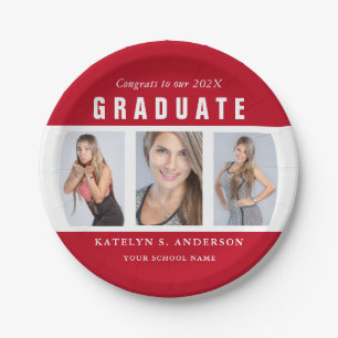 Red and White Graduation Photo Collage Custom Paper Plates