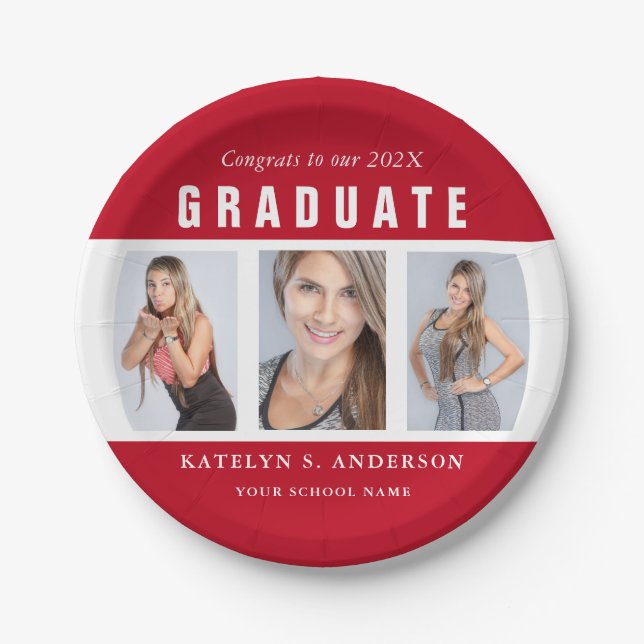 Red and White Graduation Photo Collage Custom Paper Plates (Front)