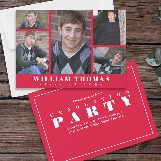 Red and White Graduation Photo Collage Invitation (Creator Uploaded)