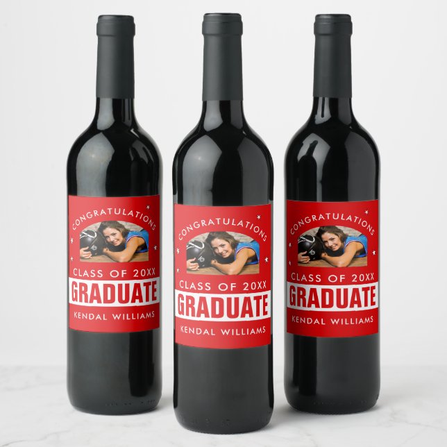 Red and White Graduation Photo Custom Wine Label (Bottles)