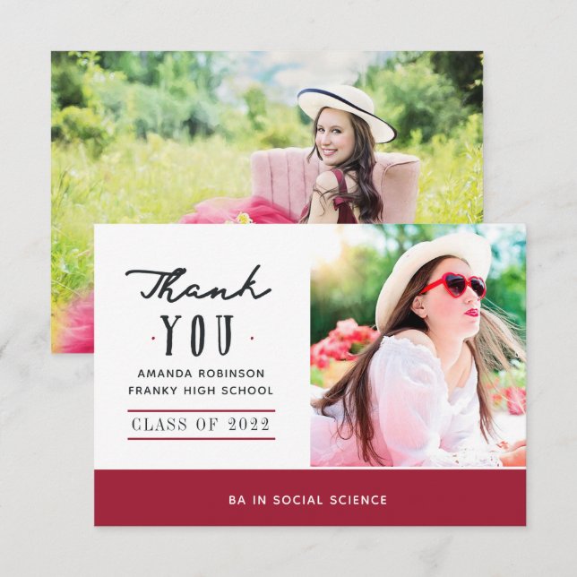 Red and White Graduation Photo Thank You Card (Front/Back)