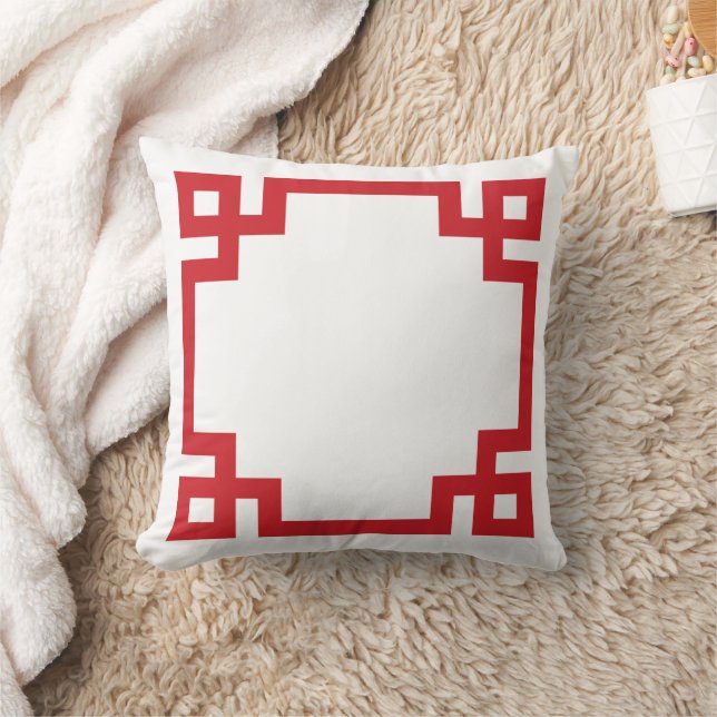 Red and White Greek Key Border Throw Pillow (Blanket)