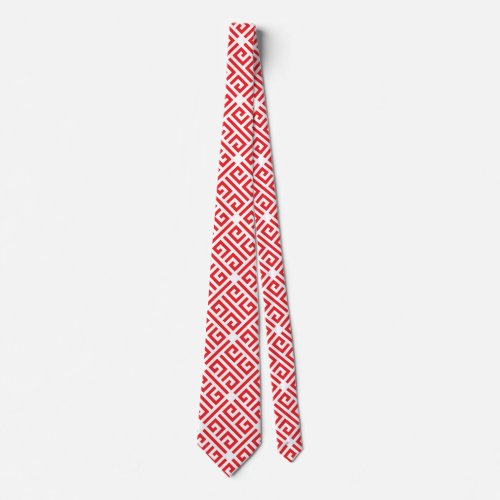 Red and white Greek Key Geometric Neck Tie