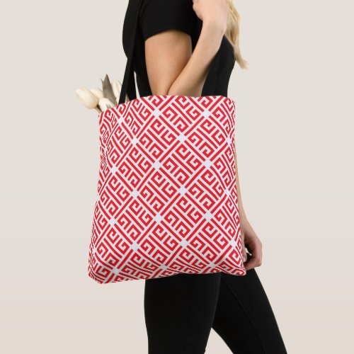 Red and white Greek Key Geometric Tote Bag