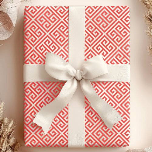 Red And White Greek Key Maze Pattern Wrapping Paper