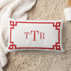 Red and White Greek Key Monogram Lumbar Pillow