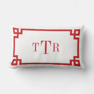 Red and White Greek Key Monogram Lumbar Pillow
