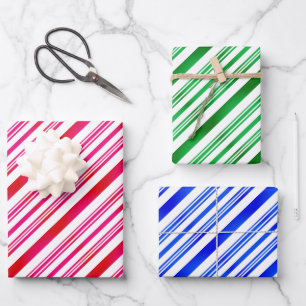 Red and white, green and white, blue and white wrapping paper sheets