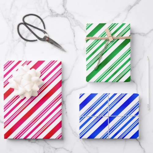 Red and white green and white blue and white wrapping paper sheets
