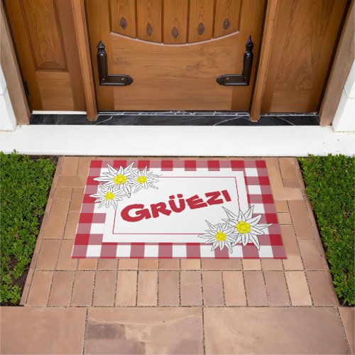 Red and White Gruezi Doormat with Edelweiss