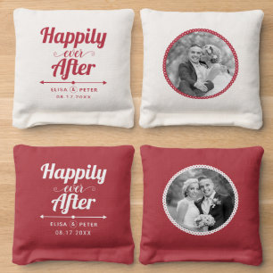 Red and white happily ever after wedding photo cornhole bags