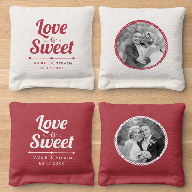 Red and white happily Love is sweet wedding photo Cornhole Bags (Wood)