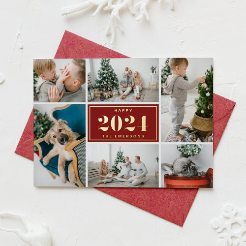 Red and White Happy New Year 2024 Photo Collage Foil Holiday Card