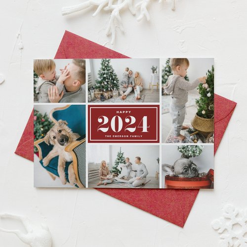 Red and White Happy New Year 2024 Photo Collage Holiday Card