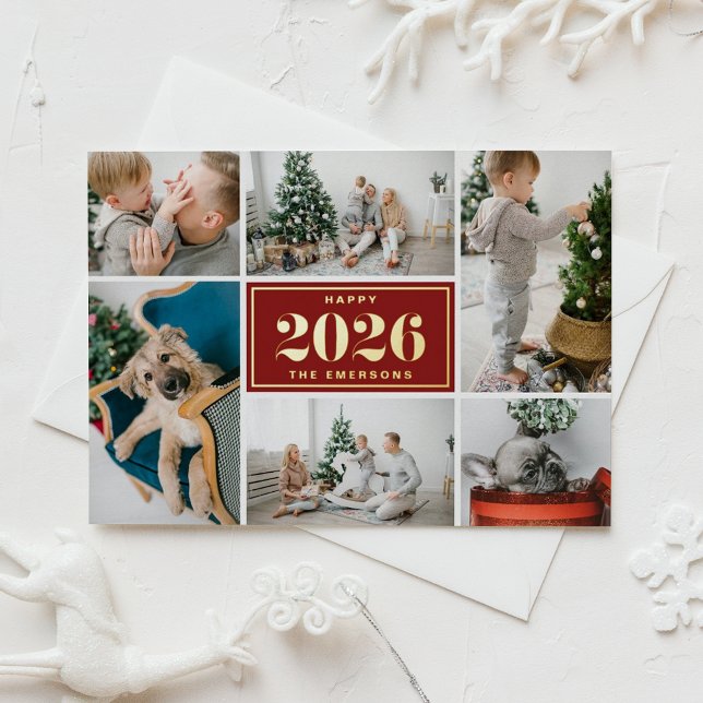 Red and White Happy New Year 2026 Photo Collage Foil Holiday Card (Send 2026 new year cheer with this customizable gold foil photo collage Happy New Year Card. )