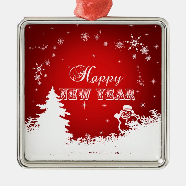 Red and White Happy New Year Typography Metal Ornament (Front)