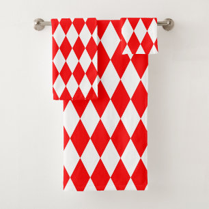 Red and White Harlequin Diamonds Checkers Design Bath Towel Set