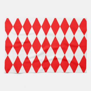 Red and White Harlequin Diamonds Checkers Design Kitchen Towel