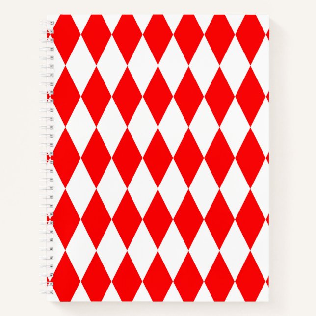 Red and White Harlequin Diamonds Checkers Design  Notebook (Front)