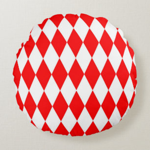 Red and White Harlequin Diamonds Checkers Design Round Pillow