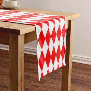 Red and White Harlequin Diamonds Checkers Design Short Table Runner