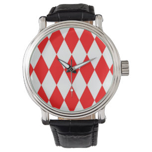 Red and White Harlequin Diamonds Checkers Design Watch