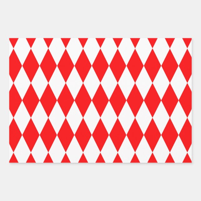 Red and White Harlequin Diamonds Checkers Design  Wrapping Paper Sheets (Front)