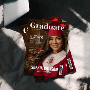red and white hat magazine photo graduation  invitation