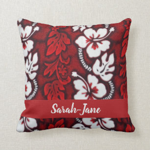 Red and White Hawaiian Hibiscus Tropical Floral Throw Pillow