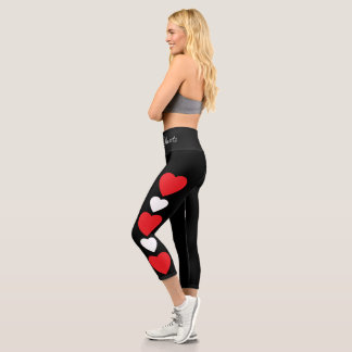 Red and white heart black capri leggings