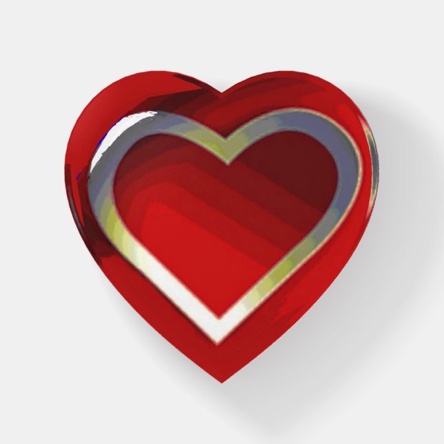 Red and White Heart on Red Heart Shaped Paperweight (Front)