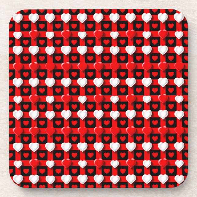 Red And White Heart Pattern Beverage Coaster (Front)